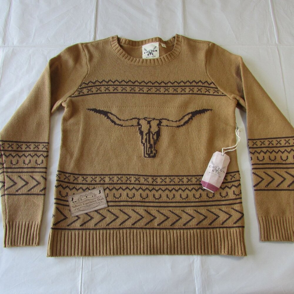 Cotton Rye Women's Long Sleeve Steer Longhorn Knit Sweater Tan